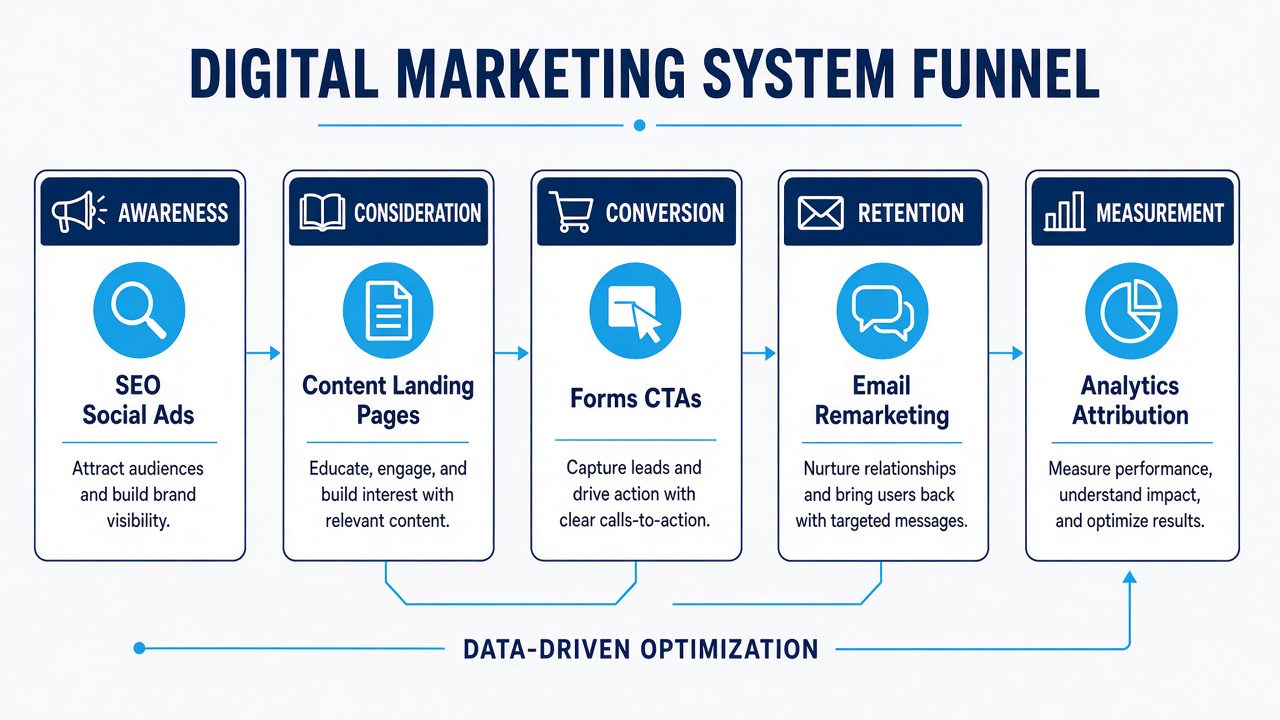 Digital marketing funnel diagram from awareness to measurement
