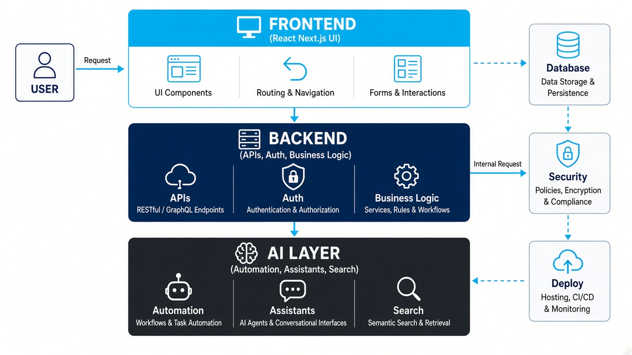 Architecture diagram: Frontend, Backend, AI, Database, Security, Deploy