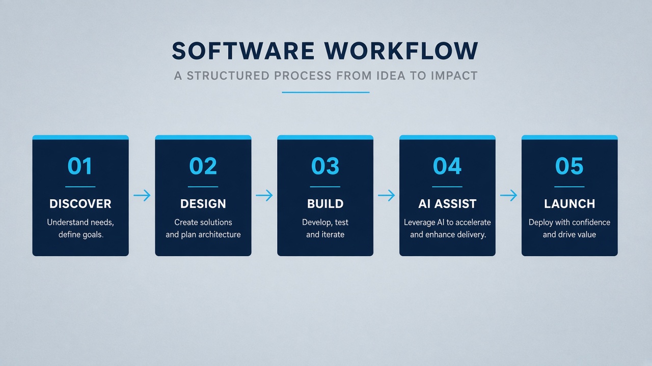 Workflow diagram: Discover, Design, Build, AI Assist, Launch